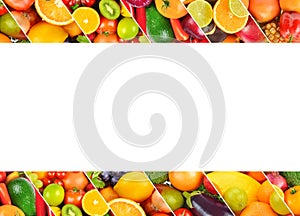 Original frame made of various vegetables and fruits. Free space for text