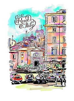 Original freehand watercolor travel card from Rome Italy with ha