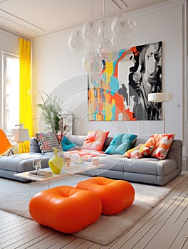 Original furniture in bright room. Quirky interior design of modern living room