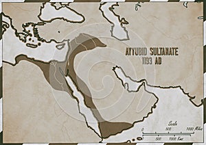 Original hand drawn map. Ayyubid Sultante in 1193 AD