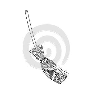 Original hand drawn vector illustration of witchâ€™s broom on the white background, Halloween party design element