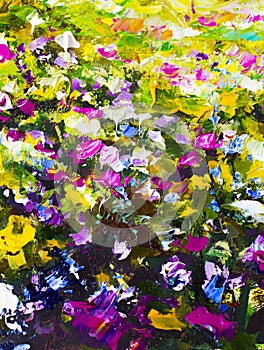 Big texture abstract flowers. Close up fragment of oil painting artistic flowers image. Palette knife flowers macro. Macro artist`