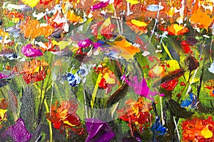 Big texture abstract flowers. Close up fragment of oil painting artistic flowers image. Palette knife flowers macro. Macro artist`