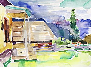 Original handmade watercolor painting illustration, pleinair wet