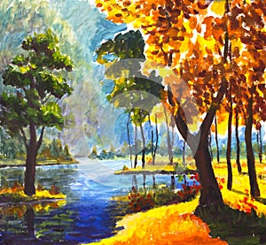 Original handpainted Oil Painting sunny big autumn orange tree, Green Pine Tree on canvas - colorful trees, blue mountain river