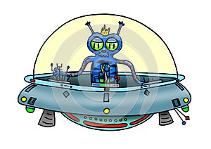 Original handrawn digital image of a wacky alien in a UFO