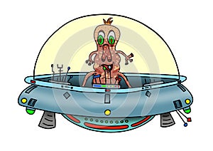 Original handrawn digital image of a wacky alien in a UFO