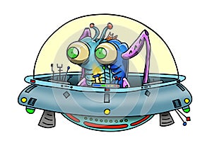 Original handrawn digital image of a wacky alien in a UFO