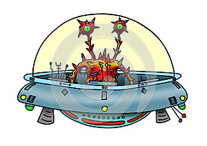 Original handrawn digital image of a wacky alien in a UFO