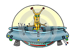 Original handrawn digital image of a wacky alien in a UFO