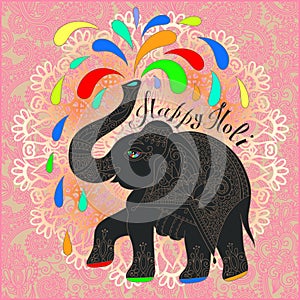 original Happy Holi design with elephant on floral indian background