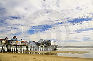 Original houses on stilts in the water at the beach. Portland, Maine USA