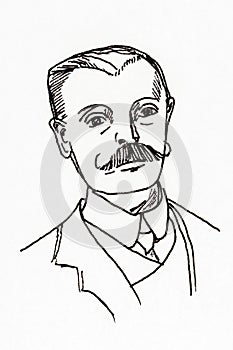 Original ink line drawing. Portrait of an Edwardian gentleman.