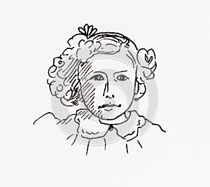 Original ink line drawing. Portrait of an Edwardian girl.