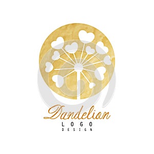 Original logo design of dandelion flower. Natural label with golden detailed texture. Abstract vector element for beauty