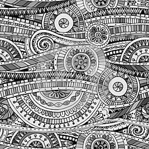 Original mosaic drawing tribal doddle ethnic pattern. Seamless background with geometric elements. Black and white version. photo