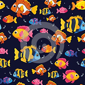 Original multi-colored sea fishes pattern on black isolated background