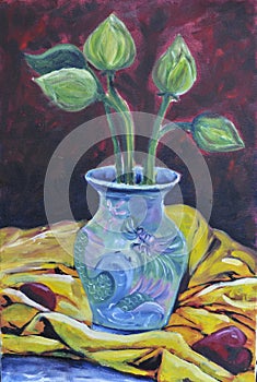 Original oil on canvas still life lotus on vast