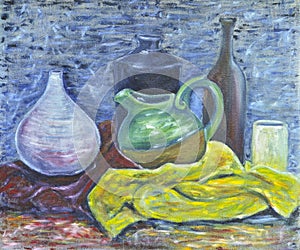 Original oil on canvas still life of pottery
