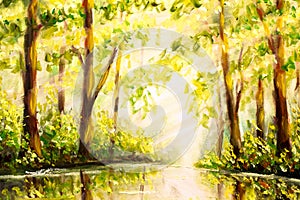 Original Oil hand Painting Reflection of trees in water on canvas - colorful forest painting - Modern impressionism art.