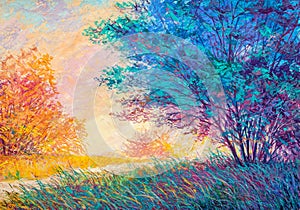 Original oil painting of autumn landscape