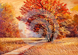 Original oil painting of autumn landscape