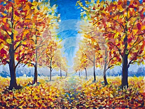 Original Oil Painting Autumn parkway, orange gold yellow dark trees in autumn park, golden autumn walkway, orange autumn nature. R