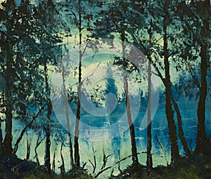 Original oil painting beautiful night sea. Magic wood. Impressionism.