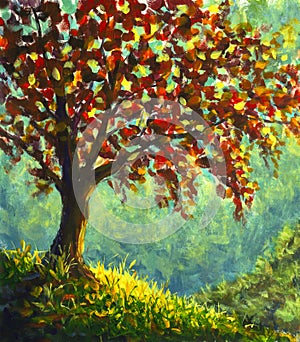 Original oil painting on canvas. Autumn tree on sunny mountain side landscape