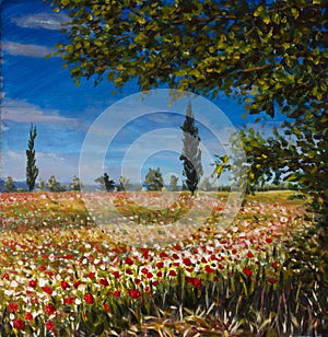 Original oil painting on canvas. Beautiful French landscape, rural landscape Field of red poppies landscape. Modern impressionism