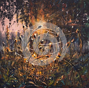 Original Oil Painting on canvas - colorful spider webs in grass painting - Modern impressionism art.