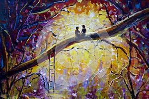 Original Oil Painting on canvas - guy and girl are sitting on branch in forest - Modern impressionism art.