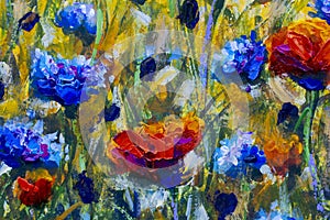 Original oil painting on canvas. Poppy flowers and cornflowers illustration.