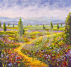 Original oil painting of country road in flowers fields
