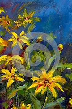 Flowers painting, yellow wild flowers daisies, orange sunflowers on a blue background, oil paintings landscape impressionism artwo