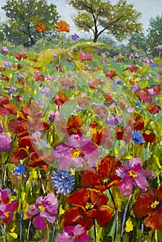 Original oil painting of flowers, beautiful looming field on canvas. Wildflowers.