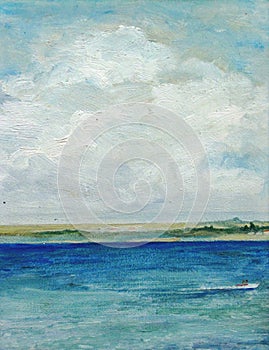 Original oil painting of sea and beach on canvas. Big cloud over the sea