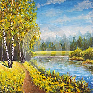 Aceite la pintura verano soleado naturaleza sobre el lienzo. hermoso lejos Bosque,. arte 