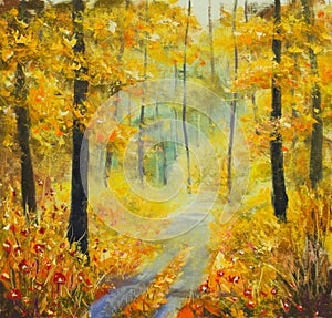 Original oil painting sunny forest landscape, beautiful solar road in the woods on canvas. Road in the autumn forest.
