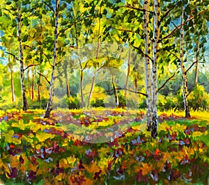 Original oil painting sunny Forest landscape, green nature, park alley - Art Sunny spring birch trees in a sunny green forest