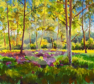 Original oil painting sunny Forest landscape, green nature, park alley - Art Sunny spring birch trees in a sunny green forest