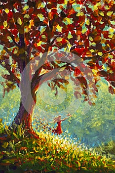 Original oil painting Symbol beauty of nature - girl woman in red dress releases pigeon bird from her hands. Big tree