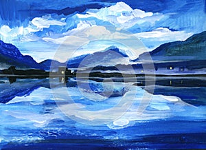 Original Oil Painting of the twilight on mountain lake. Altai