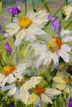 Painting of white daisies flowers, beautiful field flowers on canvas. Palette knife Impasto artwork.