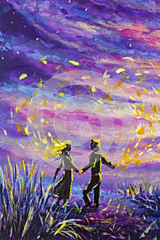 Original Painting abstract man and woman are dancing on sunset. Night, nature, landscape, purple starry sky, romance, love, feelin