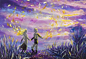 Original Painting abstract man and woman are dancing on sunset. Night, nature, landscape, purple starry sky, romance, love, feelin