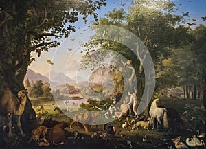 Original painting adam and eve in the garden of eden