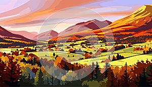 Original painting of beautiful autumn landscape, forest, mountains and river on canvas.