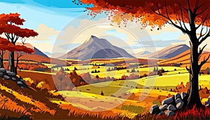 Original painting of beautiful autumn landscape, forest, mountains and river on canvas.