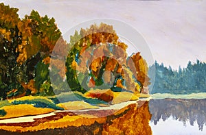 Original on painting on canvas by artist Autumn on river